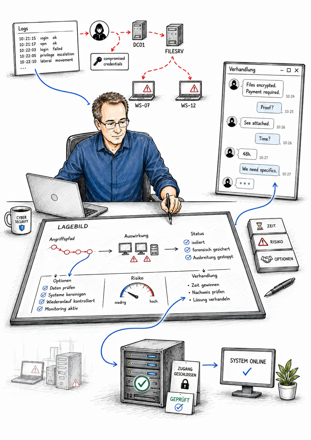 Illustration zum Ablauf von technischer Analyse, Verhandlung und abgesichertem Wiederanlauf