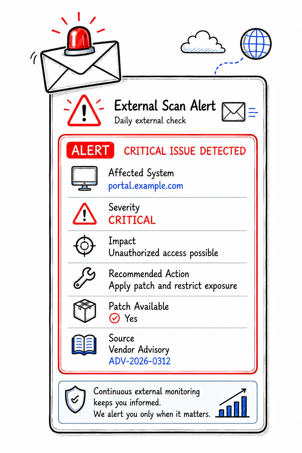 Illustration of an automated alert for a newly detected vulnerability